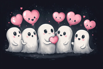 Obraz premium group of ghosts and small ghosts around with pink smiling balloons. Halloween or Valentine's day theme