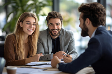Positive married couple consulting financial expert, real estate agent at meeting, listening to young Indian business consultant in formal suit, sitting at table with paper agreement
