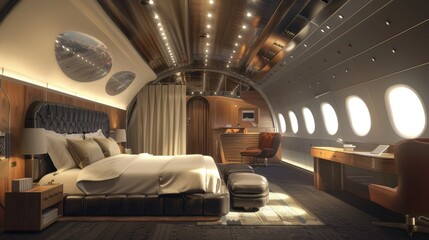 Fototapeta premium Cozy and Luxurious Airplane Cabin Interior with Plush Seating and Elegant Design