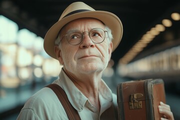 A refined elderly man wearing a fedora hat stands on an old train station platform, holding a vintage suitcase and gazing into the distance