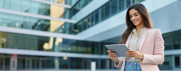 Banner of young middle eastern Israel businesswoman using tablet pc application for online remote work at office business building outdoors. Indian or arabic woman holding digital computer. Copy space