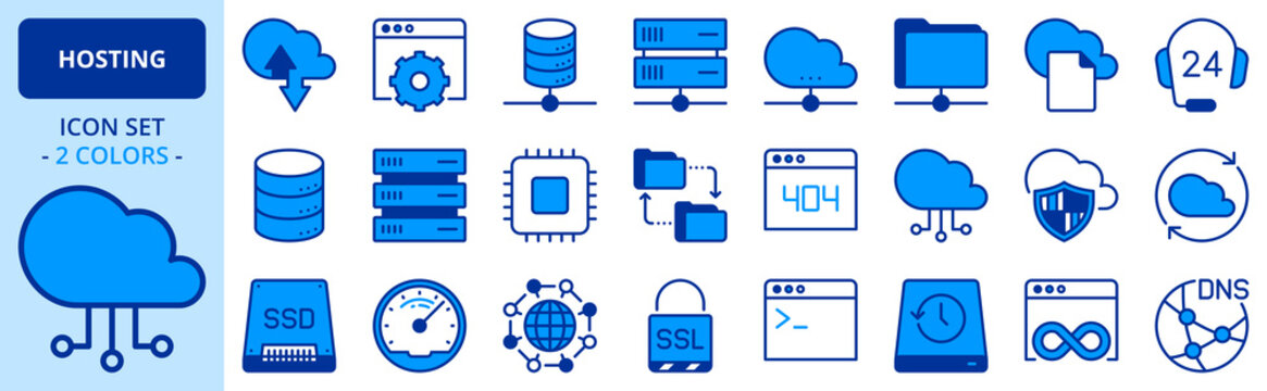 Icons in two colors about hosting and cloud computing networks concepts
