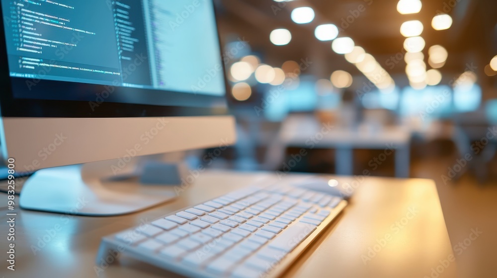 Poster a computer with a keyboard and mouse is on a desk in a brightly lit office, with a blurred backgroun