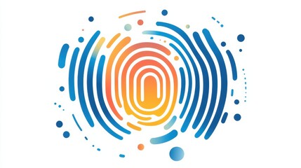 A fingerprint icon with vibrant gradient colors, surrounded by abstract shapes and lines, on a white background