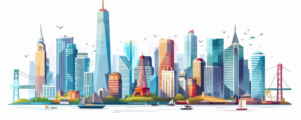 Modern city skyline with diverse architecture and landmarks. Vector flat minimalistic isolated illustration.