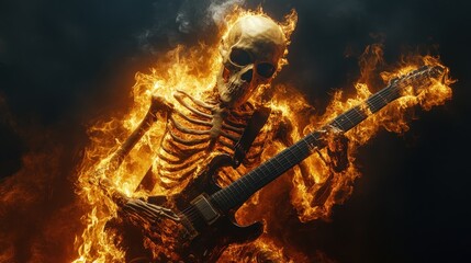 Skeleton engulfed in flames playing an electric guitar