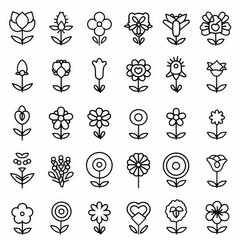 Professional And Minimalist Icons, Flower Set, Line art, flat, 2d, black and white, white background stylize 50