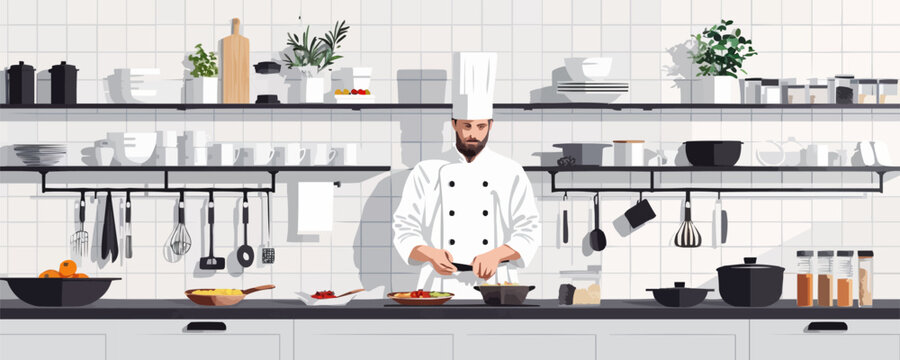 A kitchen with a chef and cooking utensils. Vector flat minimalistic isolated illustration.