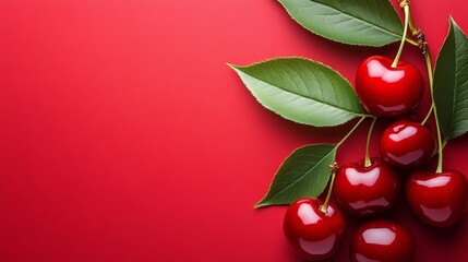 Fresh, Ripe Cherries with Lush Green Leaves on Vibrant Red Background. Top View, Copy Space