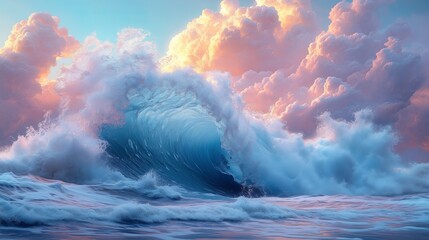 A vibrant, towering ocean wave against a backdrop of colorful, dramatic sunset clouds, showcasing nature's stunning spectacle.