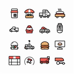 Professional And Minimalist Icons, Food delivery, Lineal color, line art, flat, 2d, black and white, white background stylize 50