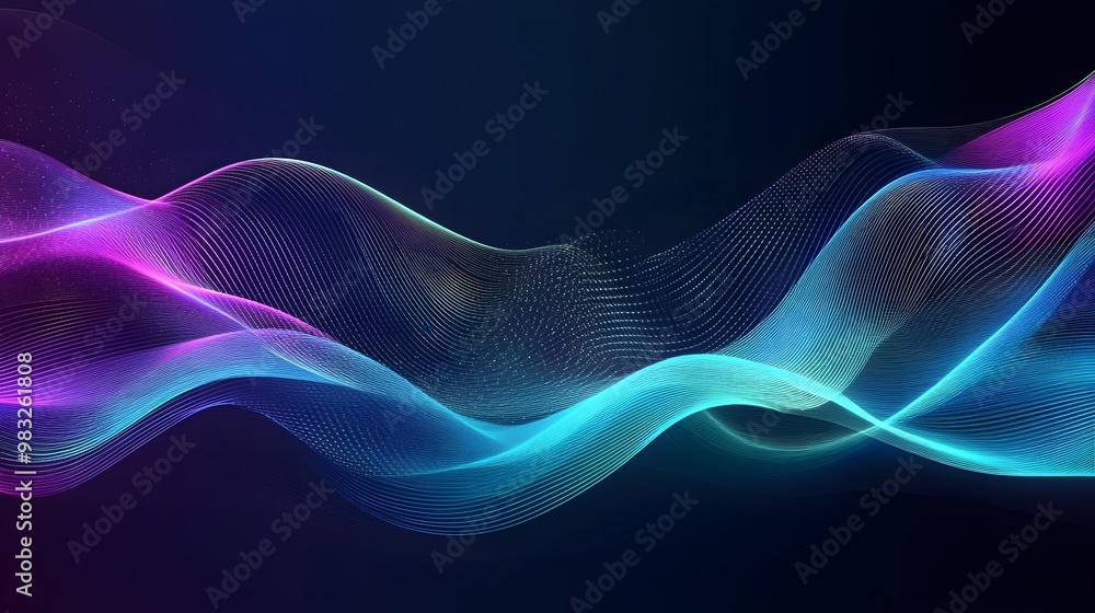 Poster abstract digital waves with flowing lines of blue and pink, filled with light particles and dots, re