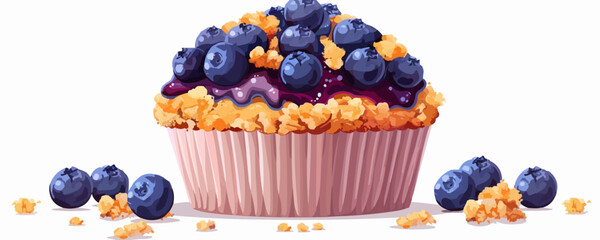 A muffin with a blueberry filling and a crumble topping, resting on the white background. Vector flat minimalistic isolated illustration.