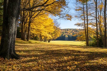 Golden autumn foliage in a forest clearing, sunlight shining through leaves.