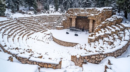 A stone amphitheater blanketed in snow, with a temporary stage set up for a winter concert, the stone seating providing a unique, insulated outdoor venue for live music