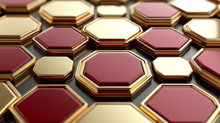 Luxury Abstract Background, 3D Geometric Pattern With Hexagonal Grids In Burgundy And Gold Tones