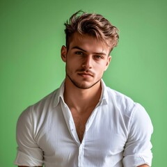 Obraz premium Portrait of a young handsome caucasian man in white shirt, on green background