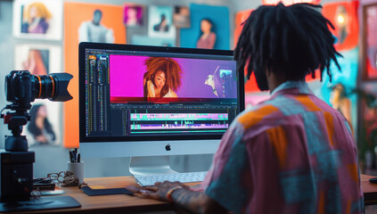 Young Caucasian Female Editor With Blue Hair Works On Video Editing Software, While A Hispanic Male Videographer Records A Black Female Host In A Vibrant Studio Setting, Enhancing Media Production.