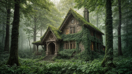 mystical forest scene, where a stone house covered in lush green ivy blends harmoniously with its natural surroundings nestled deep within the dense forest, surrounded by towering trees .