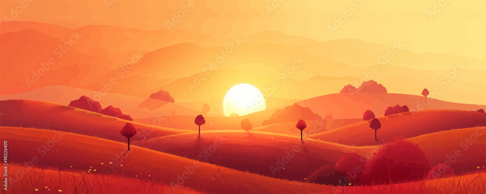Poster rolling hills at sunset with fields and tiny trees. vector flat minimalistic isolated illustration.