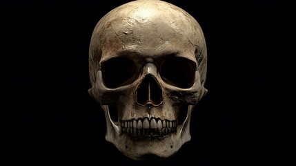 Fototapeta premium A close-up view of an ancient human skull against a dark background, highlighting its texture and eerie detail.