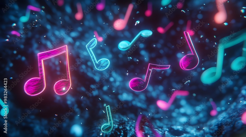 Poster vibrant neon music notes float in space, surrounded by abstract glowing particles, creating an artis