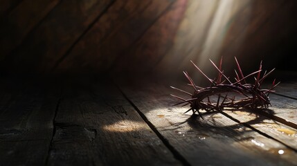 Symbolic Crown of Thorns on a Rustic Wooden Surface