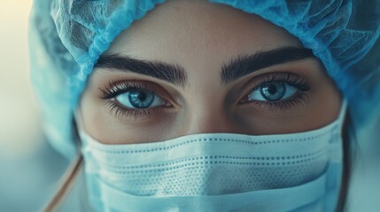A healthcare worker in protective gear looks intently at the camera, emphasizing their vibrant blue eyes and dedication to their work