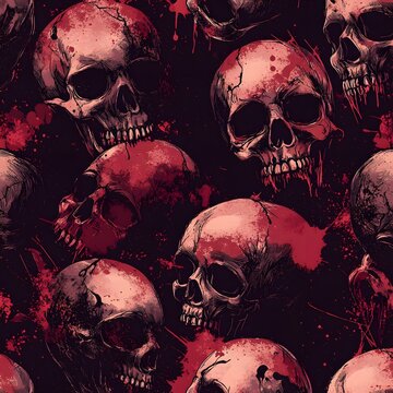 An ominous and gruesome illustration of bloodied skulls, representing death and terror in a dark, chaotic horror-themed artwork.