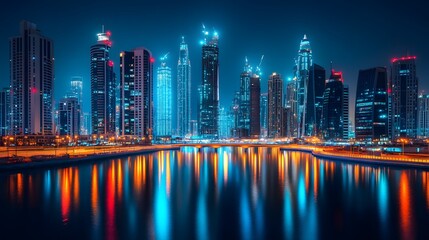 Naklejka premium A vibrant city skyline glowing with neon lights reflected on water, representing modern urbanization, futuristic architecture, and night cityscapes.