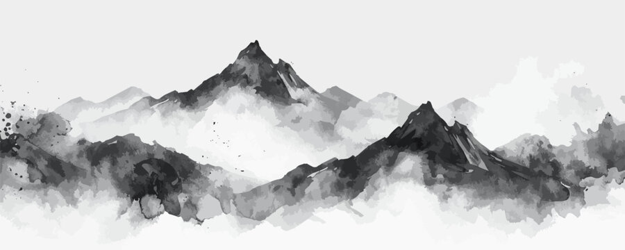 black mountain line art background. Traditional watercolor oriental, Japanese style. Vector illustration
