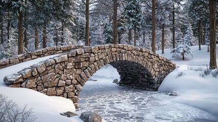 A stone bridge in a snowy forest setting, its robust construction providing a safe crossing over a frozen stream, illustrated in a picturesque winter scene