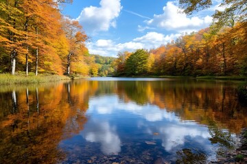 Fototapeta premium Autumn lake with colorful trees reflecting in the water with blue sky and clouds