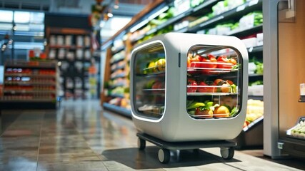 A small, self-driving robot transports fresh fruits and vegetables along a supermarket aisle, showcasing innovation in grocery shopping.