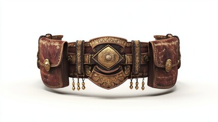 Intricate 3D Warrior's Belt with Pouches and Ornaments on White Background