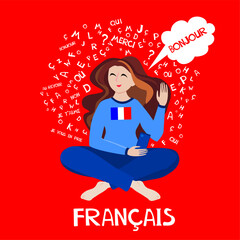 Francais. Translate: "French". Language education. Сoncept of learning French language flat . Illustration for book, dictionary, vocabulary, speaking, reading, writing, listening skills. © Semiletava Hanna