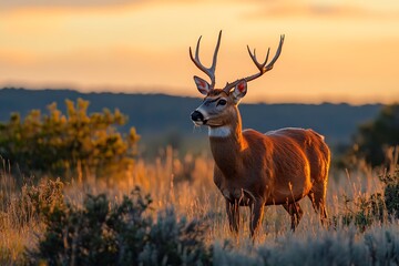 Obraz premium Majestic buck deer with large antlers in a field at sunset. Golden hour nature scene