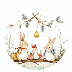 Simple round Christmas design with a white background, in the style of Peter Rabbit and his friends