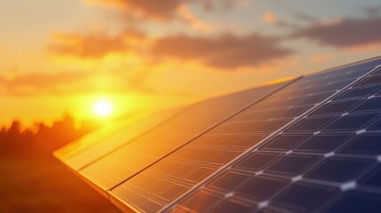 Solar panels with sunset in background, renewable energy concept.