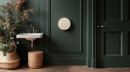 This contemporary bathroom features sleek gray tiles, a minimalist white cabinet, a black tiled wall, and a decorative mirror above the toilet, showcasing luxury interior design elements