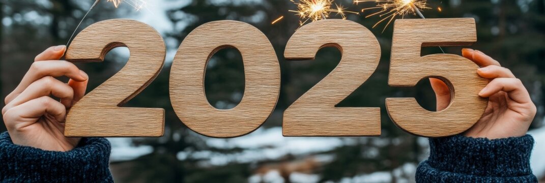 Sparking Winter Magic Celebrating New Year 2025 with Festive Lights and Wooden Numbers