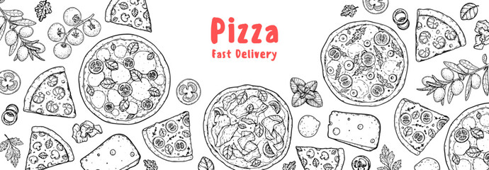 Hand drawn set of pizza. Italian pizza design template. Vector illustration	