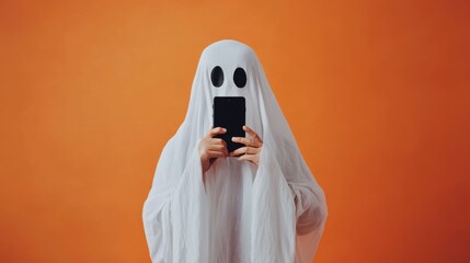 full-body image of a person completely covered in a white ghost costume while holding a phone in front of their face, set against a vibrant orange background in a modern, eerie style
