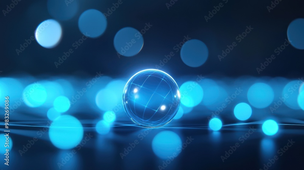 Poster blue glowing sphere on a dark background with luminous bokeh.