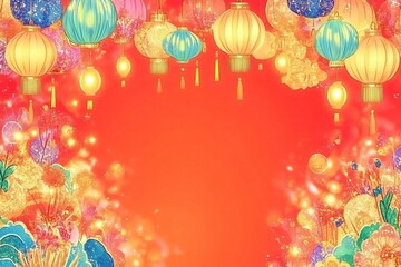 Obraz premium Lanterns floating in sky with chinese temple background. Mid-autumn festival, Yi Peng and Chinese New Year 2025 celebration. Asian holiday. Greeting card design, illustration