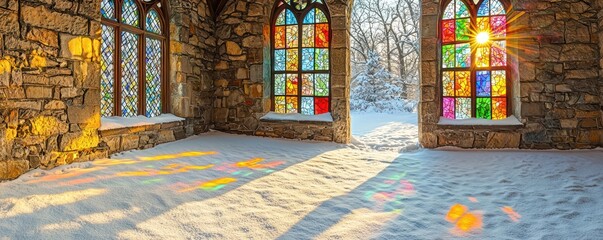 Naklejka premium A stone chapel with stained glass windows on a snowy morning, the sun shining through the glass casting colorful patterns on the white blanket outside