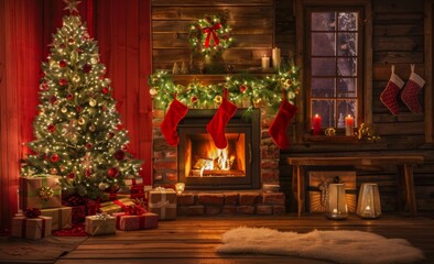 interior christmas. magic glowing tree, fireplace, gifts in dark