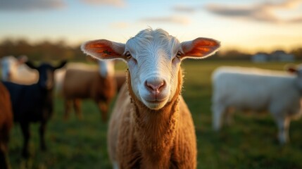 Fototapeta premium Curious sheep in a pasture at sunset, looking at the camera.