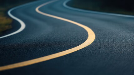 Curved road with yellow line, soft focus on asphalt surface
