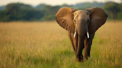 Fototapeta premium Elephant walking through a lush green field at sunset.